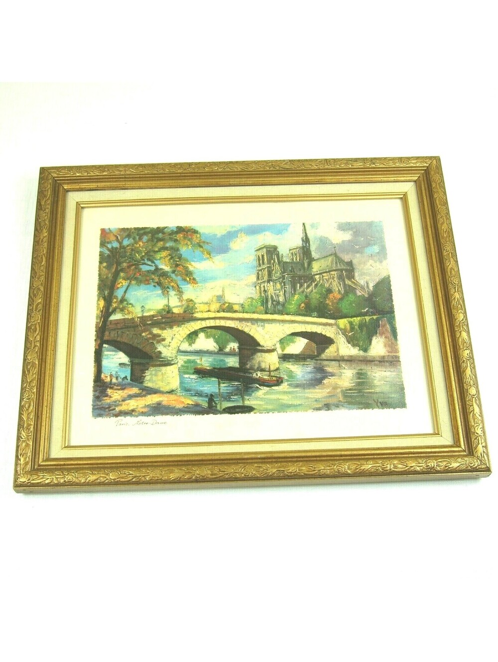 Vintage Notre Dame Paris Art Print YVO Gold Floral Frame Linen Lined 17x14 RARE
